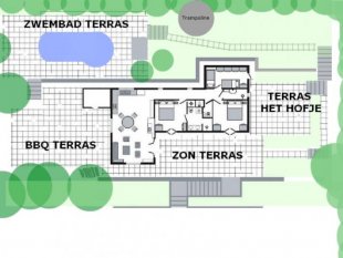 plattegrond van het huis en de 4 terrassen <br>Hier ziet u een plattegrond van het huis met de vier terrassen. Het volledige terrein is 4600m2.