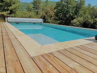 Look van een infinity pool met zicht op bossen