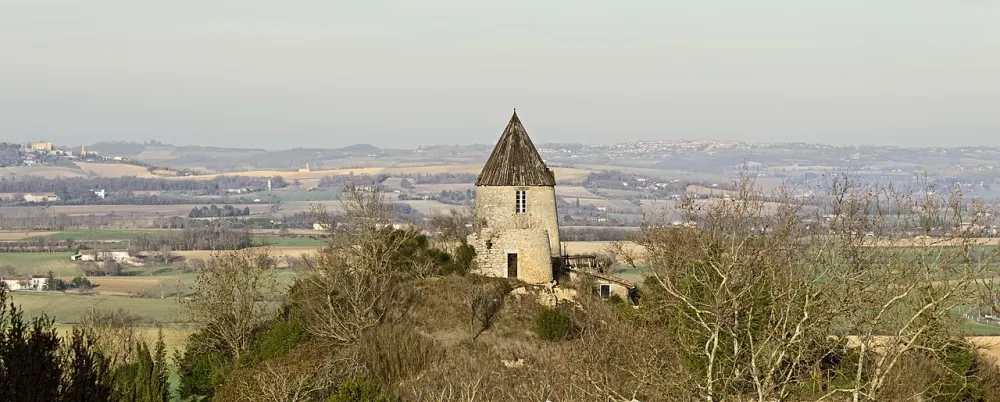 Het glooiende landschap van de Lauragais met een windmolen.